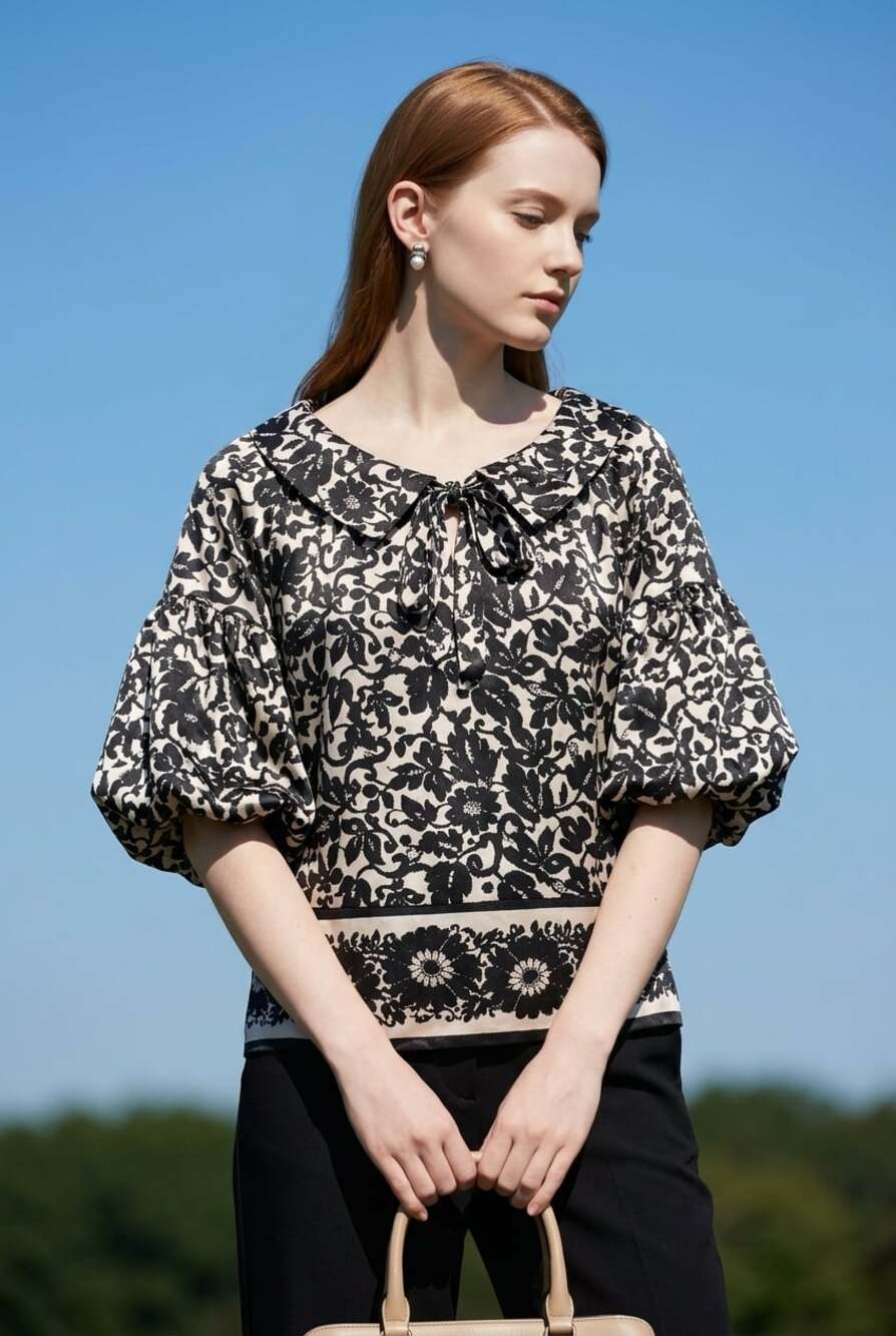 BCBGMAXAZRIA Black & White Floral Balloon Sleeve Tie Neck Blouse Size S